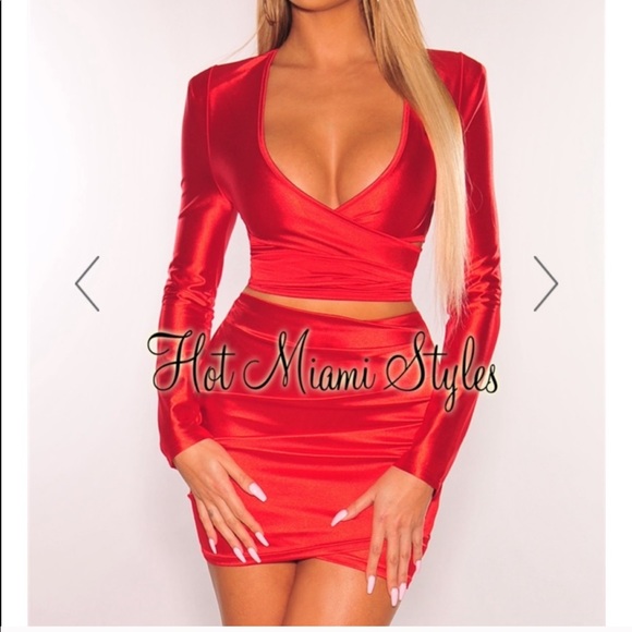 red satin ruched skirt